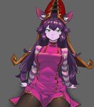  1girl animal_ears breasts expressionless green_eyes hat highres league_of_legends long_hair lulu_(league_of_legends) medium_breasts pantyhose purple_hair purple_skin sitting solo yordle 