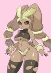  1girl bare_shoulders black_legwear black_sclera breasts cleavage collarbone furry half-closed_eyes large_breasts legs_apart looking_at_viewer lopunny mega_lopunny mega_pokemon navel no_humans pink_background pokemon pokemon_(creature) pokemon_dppt red_eyes shepherd0821 simple_background skindentation solo sports_bra standing thighhighs torn_clothes torn_thighhighs underboob 