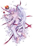  ahoge angel apple barefoot black_nails crown_removed flower food fruit full_body lying male_focus nail_polish navel nipples on_side original pants purple_eyes purple_hair red_ribbon ribbon rrose sideways_glance white_feathers white_pants white_wings wings 