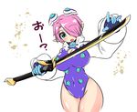  bangs blue_eyes blush breasts cameltoe cleavage cleavage_cutout commentary_request cowboy_shot hair_ornament hair_over_one_eye holding holding_sword holding_weapon katana large_breasts open_mouth original phantasy_star phantasy_star_zero pink_hair pointy_ears rei_(holyspirit) short_hair solo sword thighhighs weapon zefirumu 