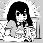  :&gt; akairiot asui_tsuyu black_eyes blush boku_no_hero_academia breasts casual emphasis_lines greyscale kermit_the_frog long_hair looking_at_viewer medium_breasts monochrome solo the_muppet_show tongue 