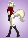  anthro barefoot blush bottomless breasts butt canine casual_exposure clothed clothing clovis_(twokinds) cream_hair crossgender digitigrade edit embarrassed female fluffy fluffy_tail fox fur gradient_background hair hybrid keidran looking_at_viewer mammal pawpads paws red_eyes shirt short_hair simple_background solo tan_fur teasing tom_fischbach twokinds webcomic wolf 