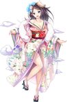  :d bangs bare_legs bicchu_matsuyama_(oshiro_project) black_hair blue_eyes boar_mask breasts cleavage floral_print full_body geta hair_ornament hairpin japanese_clothes kimono large_breasts long_hair mask mask_on_head official_art open_mouth oshiro_project oshiro_project_re parted_bangs smile solo taicho128 thighs transparent_background 