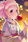  blurry bokeh bow candy_apple depth_of_field flower_knight_girl food hanai_(flower_knight_girl) holding holding_food japanese_clothes kimono looking_at_viewer pink_bow pink_hair print_kimono red_eyes short_hair short_twintails shouni_(sato3) solo twintails two_side_up upper_body white_kimono yukata 