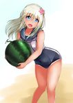  absurdres blonde_hair blue_eyes crop_top flower food fruit hair_flower hair_ornament highres jwh kantai_collection long_hair looking_at_viewer one-piece_swimsuit one-piece_tan ro-500_(kantai_collection) sailor_collar school_swimsuit solo swimsuit swimsuit_under_clothes tan tanline watermelon 