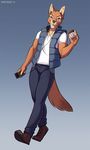  2017 anthro blue_eyes brown_nose canine clothed clothing dog holding_object male mammal simple_background smile spefides standing 
