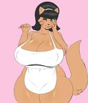  2017 absurd_res anthro apron big_breasts black_hair blush breasts cat cleavage clothed clothing eyelashes feline female fur green_eyes hair hairband hi_res huge_breasts lips looking_at_viewer mammal mrs._katswell nickelodeon nipple_bulge one_eye_closed pink_background pink_lips plankboy simple_background slightly_chubby smile solo t.u.f.f._puppy tan_fur thick_thighs voluptuous wide_hips wink 