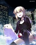  :d artoria_pendragon_(all) bangs black_legwear black_ribbon blonde_hair breasts building collarbone commentary_request dog fate/grand_order fate_(series) hair_ribbon hitotose_rin jacket jewelry long_hair looking_away low_ponytail medium_breasts necklace night night_sky open_clothes open_jacket open_mouth ribbon saber_alter shiba_inu shorts sky smile thighhighs translation_request v-shaped_eyebrows yellow_eyes 
