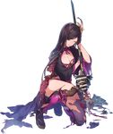  ;( artist_request bangs black_gloves black_hair breasts broken_spear cleavage full_body gloves grey_eyes hair_ornament holding holding_spear holding_weapon iyo_matsuyama_(oshiro_project) large_breasts long_hair official_art one_knee oshiro_project oshiro_project_re parted_bangs polearm sandals solo spear torn_clothes transparent_background very_long_hair weapon wedge_heels 