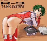  00s 1girl :d arm_support ass aya_kobayashi banpresto bent_over female green_eyes green_hair leotard looking_at_viewer open_mouth pilot_suit short_hair smile solo super_robot_wars super_robot_wars_original_generation thigh_boots thighhighs wedgie 