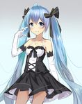  absurdres ahoge blue_eyes blue_hair cowboy_shot dress elbow_gloves gloves hair_ribbon hatsune_miku highres jewelry long_hair nagisa_(cxcx5235) necklace ribbon smile solo twintails very_long_hair vocaloid white_gloves 