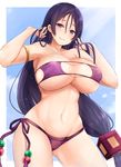  armlet armpits bare_shoulders bikini breasts cleavage covered_nipples cowboy_shot eyepatch_bikini fate/grand_order fate_(series) hair_between_eyes hair_ornament half-closed_eyes highres large_breasts long_hair looking_at_viewer low-tied_long_hair minamoto_no_raikou_(fate/grand_order) minamoto_no_raikou_(swimsuit_lancer)_(fate) navel neneru purple_bikini purple_eyes purple_hair side-tie_bikini smile solo standing stomach swimsuit tareme underboob very_long_hair wet 