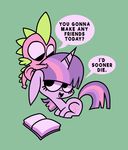  2017 book dialogue dragon duo english_text equine eye_contact female feral friendship_is_magic green_background hair horn kyrakupetsky mammal multicolored_hair my_little_pony scalie simple_background spike_(mlp) text twilight_sparkle_(mlp) unicorn young 