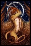  2017 animal_genitalia athletic balls body_hair brown_hair chimera feline hair happy_trail horn hybrid lion looking_at_viewer male mammal night nipples nude outside pinup pose quirachen sheath solo wings 