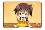  artist_name brown_eyes brown_hair chibi commentary food hair_between_eyes highres holding holding_spoon japanese_clothes kaga_(kantai_collection) kantai_collection omurice open_mouth short_hair side_ponytail solo sparkle spoon taisa_(kari) tasuki 