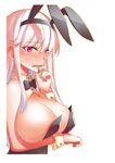  animal_ears anna_(sennen_sensou_aigis) bangs black_bow black_neckwear blush bow bowtie breast_hold breasts bunny_ears bunny_girl bunnysuit commentary_request detached_collar fake_animal_ears from_side hairband highres hitotose_rin large_breasts long_hair looking_at_viewer looking_to_the_side nose_blush parted_lips red_eyes sennen_sensou_aigis sidelocks solo sweat swept_bangs upper_body wavy_mouth white_hair wrist_cuffs 