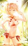  ;) absurdres ahoge bad_id bad_pixiv_id bikini blonde_hair blurry bracelet breasts criss-cross_halter earrings eyebrows_visible_through_hair eyewear_on_head fate/grand_order fate_(series) halterneck hand_on_hip highres jewelry junpaku_karen long_hair looking_at_viewer medium_breasts navel nero_claudius_(fate)_(all) nero_claudius_(swimsuit_caster)_(fate) one_eye_closed petals side-tie_bikini smile solo standing striped striped_bikini sunglasses swimsuit twintails wading water 