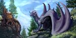  2017 blackaures blue_sky cake claws cloud day detailed_background digital_media_(artwork) dragon english_text feral food forest grass grey_claws grey_scales grey_wings hi_res horn male membranous_wings outside quadruped rock scales scalie sign sky solo text tree tree_trunk white_eyes white_horn wings 