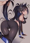  1girl ? all_fours animal_ears ass bangs bare_shoulders black_hair black_sports_bra blush breasts brown_thoroughbred_(kemono_friends) cameltoe commentary_request dark_skin elbow_gloves extra_ears eyebrows_visible_through_hair fingerless_gloves gloves grey_background head_out_of_frame highres horizontal_pupils horse_ears horse_girl horse_tail japan_racing_association kemono_friends kippuru leg_warmers long_hair looking_at_viewer looking_back medium_breasts midriff parted_lips pov simple_background tail tail_grab tail_pull wristband 