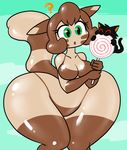  anthro big_breasts big_butt breasts brown_fur brown_hair butt candy cat curly_q duo feline female food fur furret green_eyes hair huge_butt hyper hyper_butt keco kecomaster larger_female lollipop male mammal nintendo pok&eacute;mon shiny_skin size_difference smaller_male tan_fur thick_thighs video_games wide_hips 