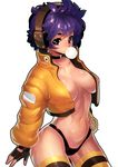  absurdres breasts chewing_gum choker collarbone copyright_request curly_hair fengmo fingerless_gloves gloves headphones highres jacket looking_at_viewer medium_breasts purple_hair simple_background solo white_background 