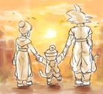  2boys back_turned bag bird boots chi-chi_(dragon_ball) child chinese_clothes cloud couple dougi dragon_ball dragon_ball_(object) dragon_ball_z family father_and_son food fruit greyscale hat holding_hands monochrome mother_and_son multiple_boys orange short_hair sky son_gohan son_gokuu sunlight sunset tail tied_hair tkgsize vegetable walking 