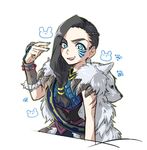  alternate_costume black_hair blue_eyes bracelet braid cape facial_mark fangs fur_trim jewelry lipstick long_hair makeup nail_polish nanashiba paladins pose scar sharp_teeth side_ponytail simple_background solo teeth tyra_(paladins) upper_body white_background 