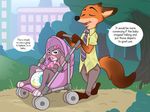  anthro blush canine clothed clothing dialogue diaper disney duo english_text eyes_closed female fox hi_res judy_hopps lagomorph male mammal necktie nick_wilde outside pacifier rabbit shirt story story_in_description stroller sylph-space text wet_diaper zootopia 
