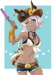  alternate_costume animal_ears backpack bag bikini_top chloe_(granblue_fantasy) colorized dark_skin denim denim_shorts earrings ears_through_headwear erune eyebrows_visible_through_hair fingernails flower front-tie_top goggles granblue_fantasy hat hat_flower highres jewelry long_fingernails multicolored_hair one_eye_closed purple_eyes purple_hair short_hair shorts silver_hair simple_background star tan tanline tongue tongue_out trigger_discipline two-tone_hair water_gun 