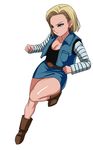  android_18 belt blonde_hair blue_eyes boots breasts brown_footwear cleavage clenched_hands closed_mouth denim dragon_ball dragon_ball_z earrings forehead full_body jewelry leg_up long_sleeves looking_away matoyama no_legwear pencil_skirt pocket serious short_hair simple_background skirt solo striped vest white_background 