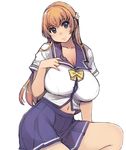  blonde_hair blue_eyes blue_skirt blush breasts eyebrows_visible_through_hair highres large_breasts long_hair looking_at_viewer mariana_princilla navel pleated_skirt reco_love reco_love_gold_beach school_uniform serafuku short_sleeves simple_background skirt smile solo white_background xration 