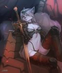  anthro bra breasts canine clothing collar female kardie looking_at_viewer mammal melee_weapon sitting smile solo sword underwear weapon wide_hips 