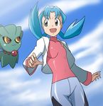  90s :d aqua_hair ass_visible_through_thighs bangs bike_shorts blue_sky breasts brown_eyes cloud cloudy_sky commentary_request covered_navel cowboy_shot day eyebrows_visible_through_hair gen_2_pokemon grey_eyes hat highres jacket kakkii long_hair long_sleeves looking_at_another marina_(pokemon) misdreavus open_mouth parted_bangs pokemon pokemon_(creature) pokemon_(game) pokemon_gsc sky small_breasts smile turtleneck twintails yellow_sclera 
