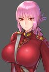 braid breasts fate/grand_order fate_(series) florence_nightingale_(fate/grand_order) folded_ponytail grey_background highres large_breasts long_hair looking_at_viewer military military_uniform pink_hair red_eyes simple_background solo uniform wolffeld 