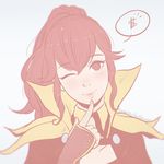  anna_(fire_emblem) bangs cape eyebrows_visible_through_hair finger_to_chin fingerless_gloves fire_emblem fire_emblem:_kakusei gloves head_tilt high_collar koyorin long_hair looking_at_viewer one_eye_closed pale_color ponytail red_eyes red_hair simple_background smile solo speech_bubble spoken_dollar_sign 