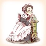  apron blush brown_eyes brown_hair cobblestone glasses hair_up highres looking_afar maid maid_apron maid_headdress original rimless_eyewear scratches sepia_background simple_background skateboard sleeve_cuffs solo squatting suzushiro_(suzushiro333) thick_eyebrows victorian_maid 