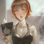  1girl artist_name bangs blush book breasts brown_hair crossover crown_braid hairband halter_top highres holding holding_book long_sleeves looking_at_viewer medium_breasts niijima_makoto open_mouth persona persona_3 persona_5 portrait ragecndy red_eyes short_hair turtleneck upper_body vest yuuki_makoto 