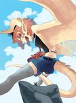  1girl fangs female flying hat horns monster_girl open_mouth original pointy_ears profile short_shorts shorts solo tail thighhighs wings yamanobe 