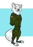  2017 anthro bluedouble brown_eyes camo canadian_flag canine clothed clothing disney fan_character hands_behind_back male mammal military_uniform smile soldier solo standing toeless_footwear uniform wolf zootopia 