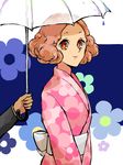  brown_eyes brown_hair commentary_request floral_background floral_print holding holding_umbrella japanese_clothes kimono looking_at_viewer mayo_(tubokura-rin) obi okumura_haru persona persona_5 pink_kimono print_kimono sash umbrella yukata 