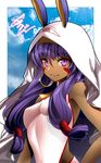  arikanrobo armpits bangs bare_shoulders breasts closed_mouth commentary_request dark_skin earrings eyebrows_visible_through_hair facial_mark fate/grand_order fate_(series) hair_between_eyes hairband highres hood hoop_earrings jewelry long_hair looking_at_viewer marker_(medium) nitocris_(fate/grand_order) nitocris_(swimsuit_assassin)_(fate) one-piece_swimsuit purple_eyes purple_hair small_breasts smile solo swimsuit traditional_media upper_body 