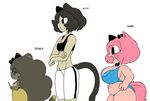  anthro big_breasts bow bra breasts brown_hair cat cleavage clothed clothing cute fangs feline female fur gats group hair mammal navel ohio_(gats) open_mouth pink_fur pink_hair pink_tail shortstack simple_background smile standing sugar_(gats) text underwear white_background 