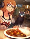  1boy 1girl amamiya_ren apron blush brown_hair cat curry drooling food fur_trim glasses headphones highres hungry long_hair morgana_(persona_5) nekobayashi_(nekoforest) orange_hair persona persona_5 purple_eyes sakura_futaba smile star star-shaped_pupils symbol-shaped_pupils 