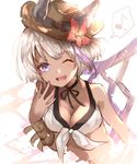  ;d alternate_costume animal_ears bikini_top chloe_(granblue_fantasy) colorized dark_skin ears_through_headwear erune eyebrows_visible_through_hair fang fang_out flower goggles granblue_fantasy hat hat_flower highres multicolored_hair one_eye_closed open_mouth purple_eyes purple_hair short_hair silver_hair simple_background smile sweetroad tan two-tone_hair 