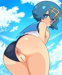  1girl anus ass blue_eyes blue_hair blue_sky blush censor_bar censored cloud from_behind highres kerokero00frog looking_back one-piece_swimsuit pointless_censoring pokemon pokemon_sm pussy short_hair sky suiren_(pokemon) swimsuit swimsuit_aside 