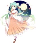  absurdres alternate_hairstyle chinese_clothes chuushuu_meigetsu_miku fan flower full_moon green_eyes green_hair hagoromo hair_flower hair_ornament hanfu hatsune_miku highres holding holding_fan leaf long_hair long_sleeves maple_(57675110) moon off_shoulder paper_fan shawl solo standing twintails uchiwa very_long_hair vocaloid white_background wide_sleeves 