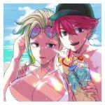  1boy 1girl beach bikini blonde_hair blue_eyes breasts cleavage earrings eyewear_on_head food genderswap genderswap_(mtf) glass hat heart heart-shaped_eyewear heart-shaped_glasses heart-shaped_sunglasses huge_breasts ice ice_cream inazuma_eleven_(series) inazuma_eleven_ares_no_tenbin jewelry nishigaki_seiya nosaka_yuuma straw swimsuit water youto 