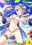  ;d alternate_costume ankle_lace-up artist_name ass_visible_through_thighs bangs bare_shoulders beach beret bikini blonde_hair blue_eyes blue_sky blush bow_bikini breasts cloud cloudy_sky collarbone covered_nipples cross-laced_footwear cucouroux_(granblue_fantasy) day eyebrows_visible_through_hair flower frilled_bikini frills granblue_fantasy gun hair_ribbon hat hat_removed headwear_removed hibiscus holding holding_gun holding_weapon jacket leg_belt leg_up long_sleeves looking_at_viewer medium_breasts navel ocean one_eye_closed open_mouth outdoors ozawa_yuu plaid ribbon sandals sidelocks sky smile solo stomach striped striped_ribbon swimsuit thigh_strap twintails twitter_username weapon white_bikini 