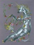  anthro avian bird blonde_hair blue_eyes breasts equine female flower fur grey_fur hair horn hummingbird mammal multicolored_hair nude plant sandy_schreiber two_tone_hair unicorn white_hair 