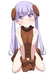  3: absurdres animal_ears bare_shoulders blush breasts brown_collar brown_footwear brown_gloves brown_leotard closed_mouth collar commentary_request covered_navel dog_ears eyebrows_visible_through_hair full_body gloves highres lavender_eyes lavender_hair leotard long_hair looking_at_viewer mousou_(mousou_temporary) new_game! paw_gloves paw_shoes paws shoes simple_background sitting small_breasts solo suzukaze_aoba sweatdrop twintails wariza white_background 
